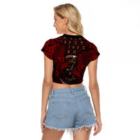 Raven and Bear Norse Symbolism Raglan Cropped T Shirt Viking Blood Red Rune Art Style