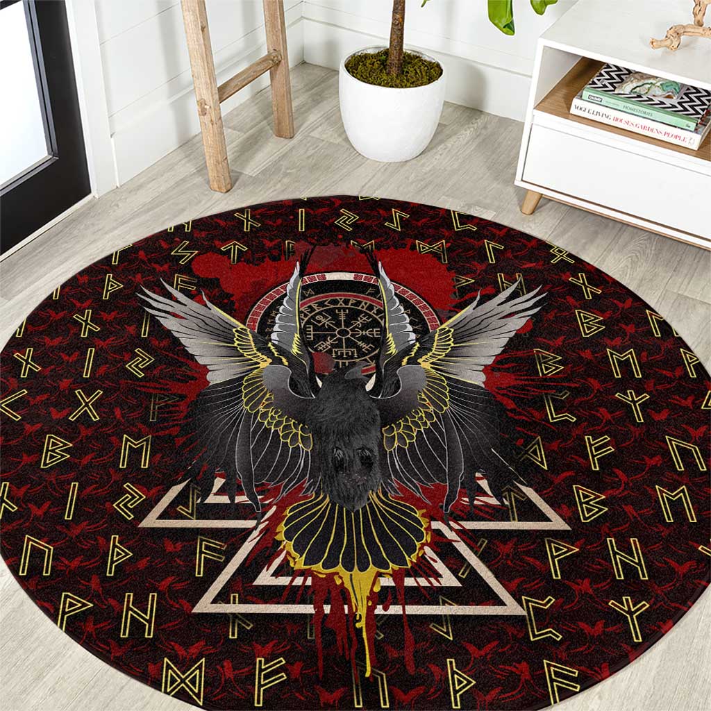 Raven and Bear Norse Symbolism Round Carpet Viking Blood Red Rune Art Style