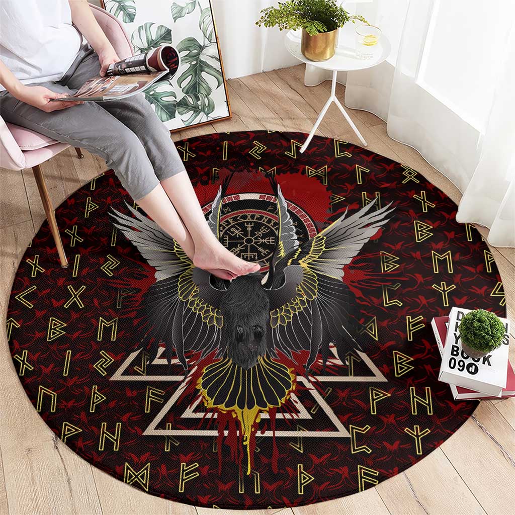 Raven and Bear Norse Symbolism Round Carpet Viking Blood Red Rune Art Style