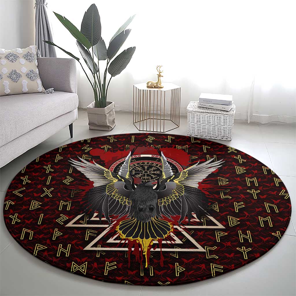 Raven and Bear Norse Symbolism Round Carpet Viking Blood Red Rune Art Style