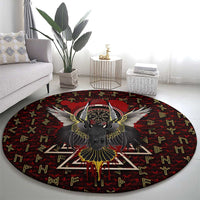 Raven and Bear Norse Symbolism Round Carpet Viking Blood Red Rune Art Style