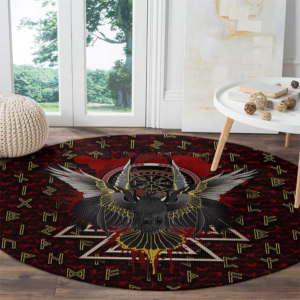 Raven and Bear Norse Symbolism Round Carpet Viking Blood Red Rune Art Style