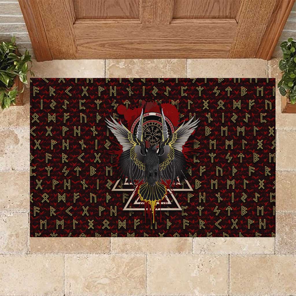 Raven and Bear Norse Symbolism Rubber Doormat Viking Blood Red Rune Art Style