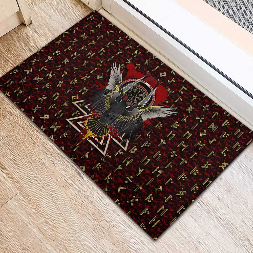 Raven and Bear Norse Symbolism Rubber Doormat Viking Blood Red Rune Art Style