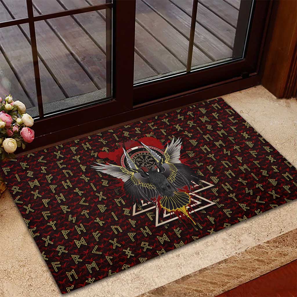Raven and Bear Norse Symbolism Rubber Doormat Viking Blood Red Rune Art Style
