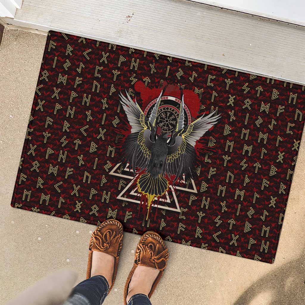 Raven and Bear Norse Symbolism Rubber Doormat Viking Blood Red Rune Art Style