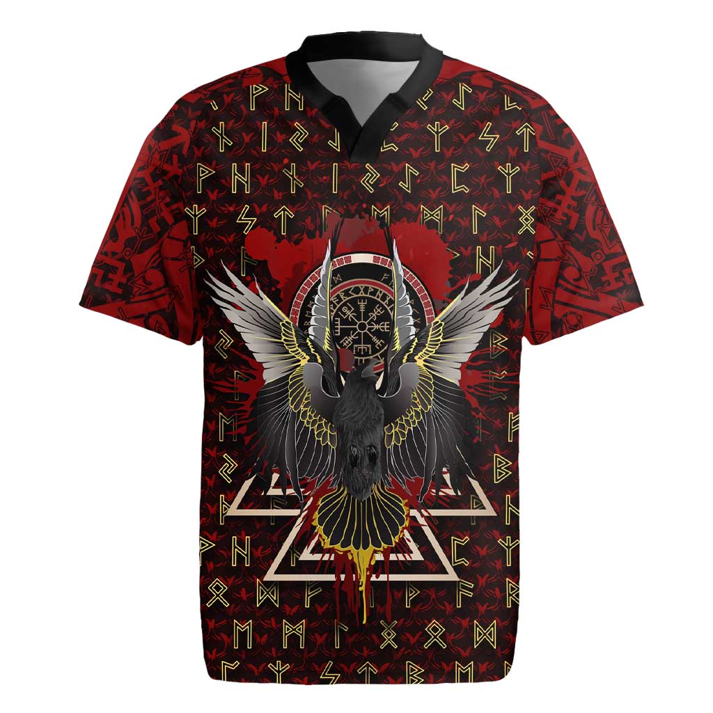 Raven and Bear Norse Symbolism Rugby Jersey Viking Blood Red Rune Art Style