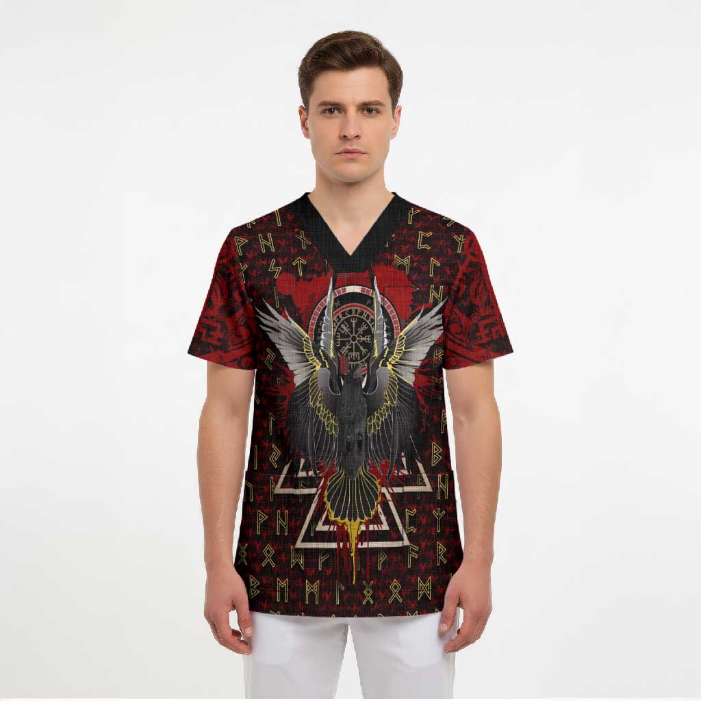 Raven and Bear Norse Symbolism Scrub Top Viking Blood Red Rune Art Style