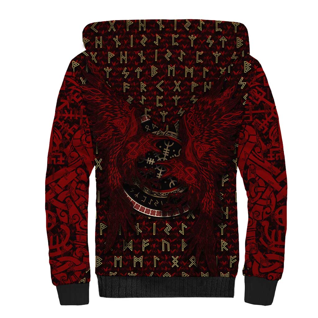 Raven and Bear Norse Symbolism Sherpa Hoodie Viking Blood Red Rune Art Style