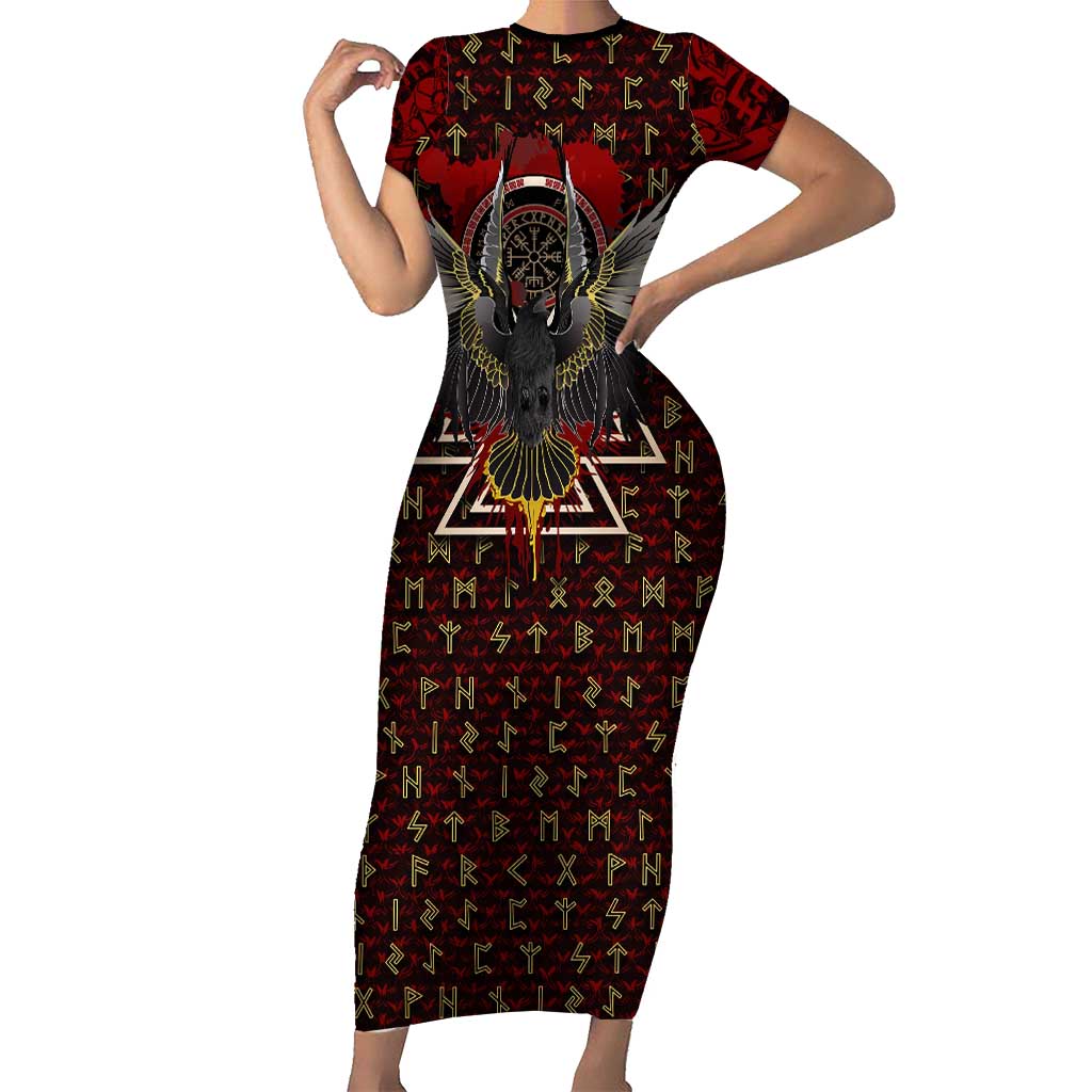 Raven and Bear Norse Symbolism Short Sleeve Bodycon Dress Viking Blood Red Rune Art Style