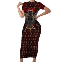 Raven and Bear Norse Symbolism Short Sleeve Bodycon Dress Viking Blood Red Rune Art Style