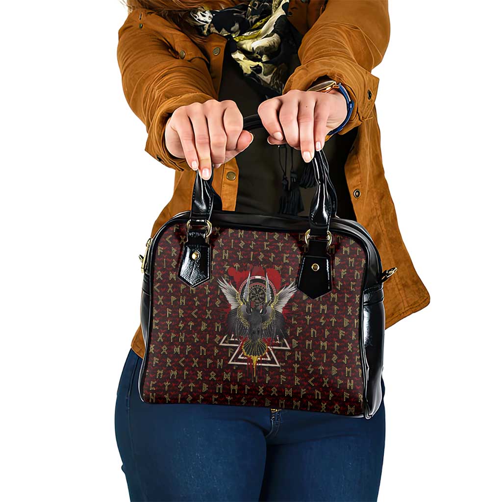 Raven and Bear Norse Symbolism Shoulder Handbag Viking Blood Red Rune Art Style