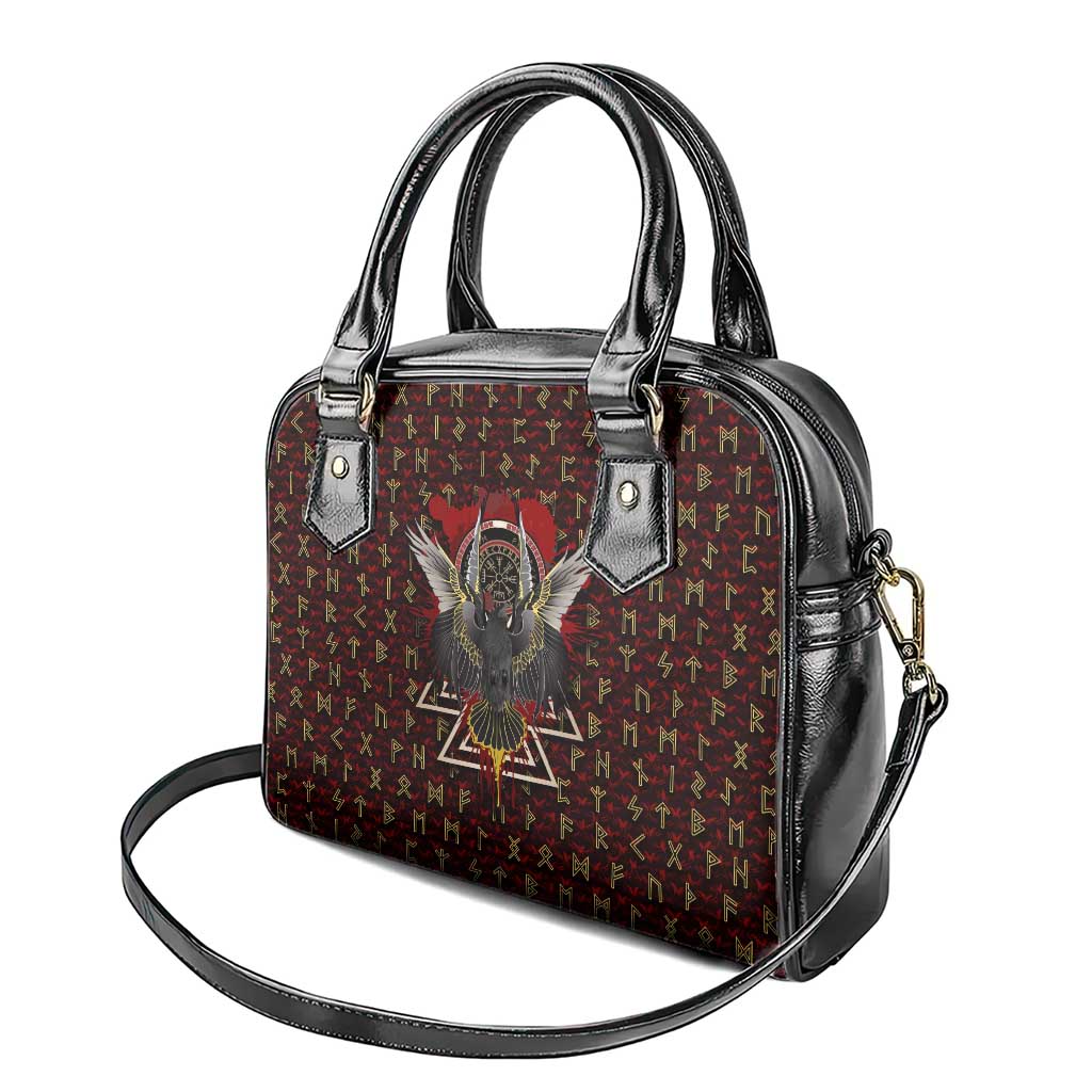 Raven and Bear Norse Symbolism Shoulder Handbag Viking Blood Red Rune Art Style