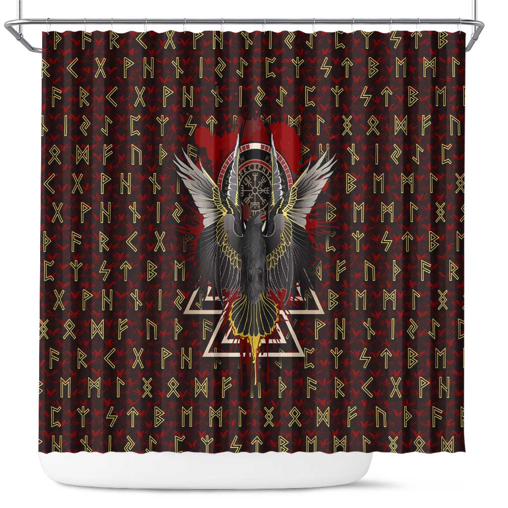 Raven and Bear Norse Symbolism Shower Curtain Viking Blood Red Rune Art Style