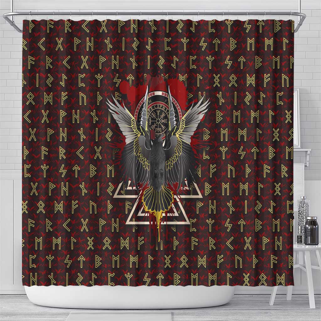 Raven and Bear Norse Symbolism Shower Curtain Viking Blood Red Rune Art Style