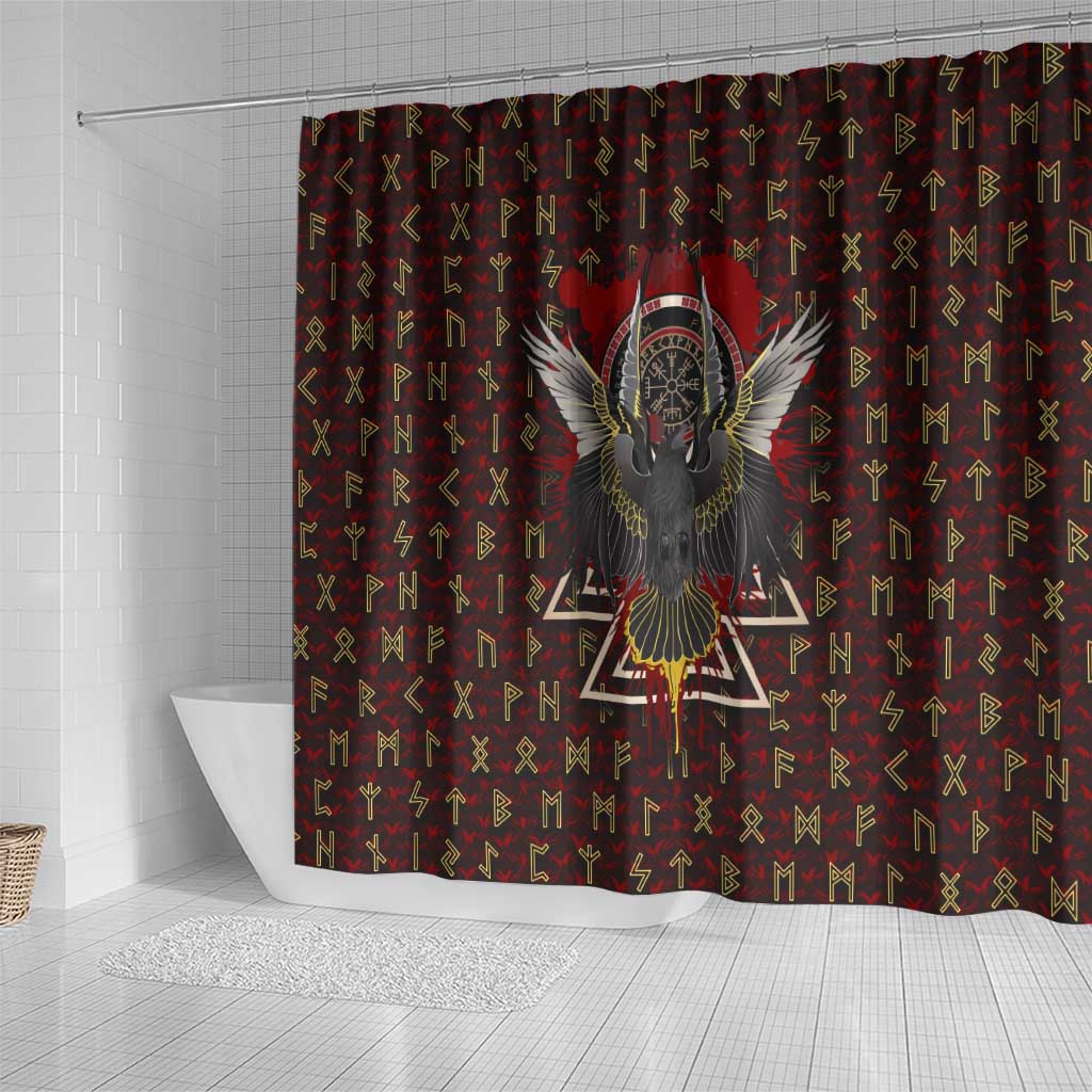 Raven and Bear Norse Symbolism Shower Curtain Viking Blood Red Rune Art Style