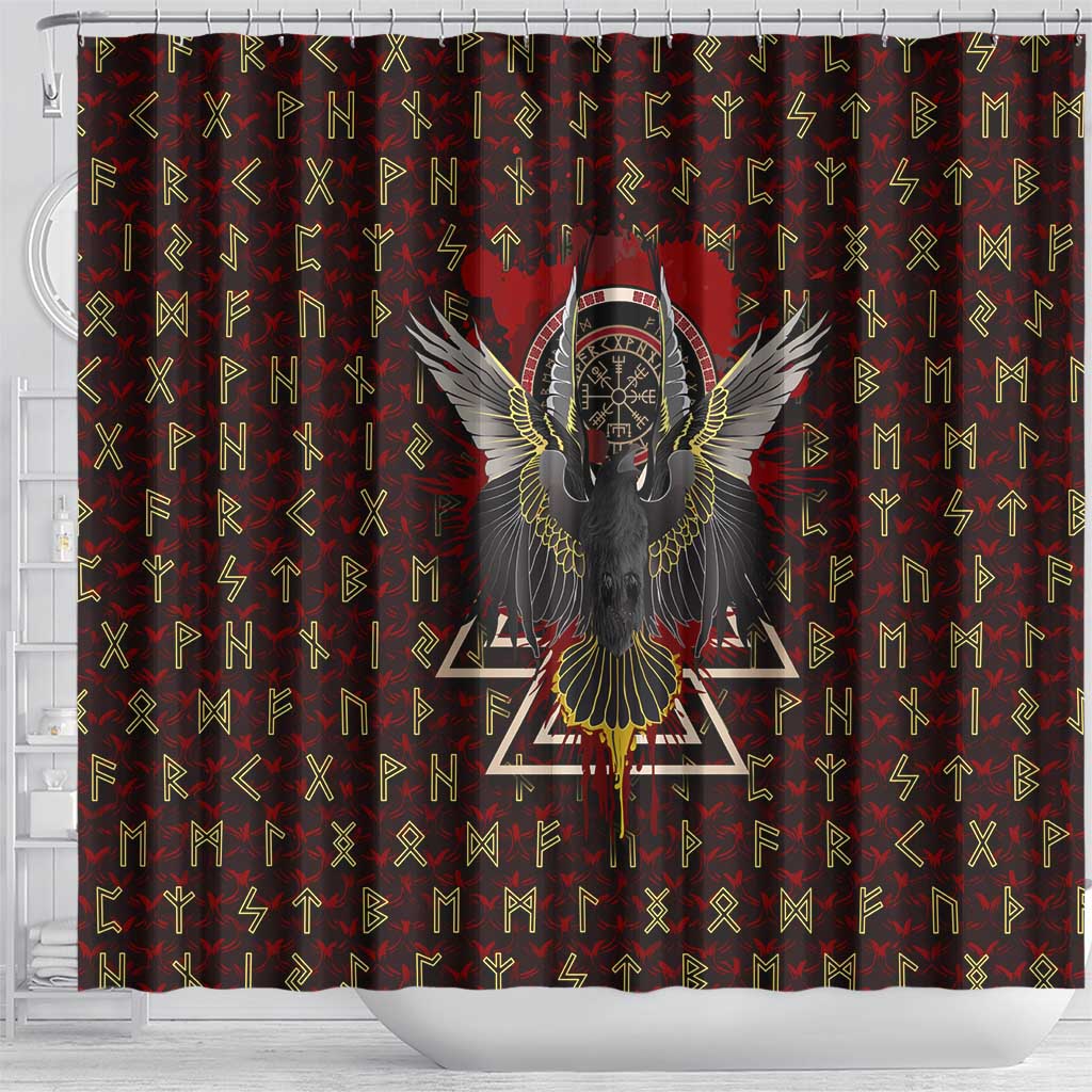 Raven and Bear Norse Symbolism Shower Curtain Viking Blood Red Rune Art Style