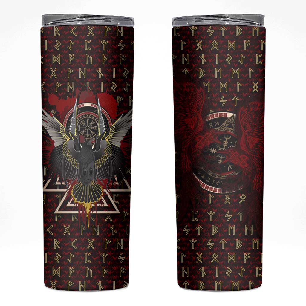 Raven and Bear Norse Symbolism Skinny Tumbler Viking Blood Red Rune Art Style