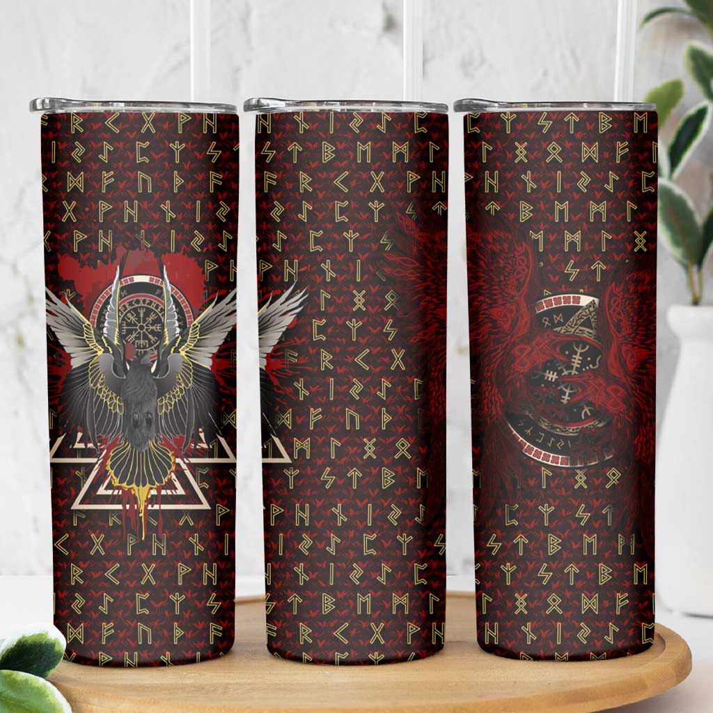 Raven and Bear Norse Symbolism Skinny Tumbler Viking Blood Red Rune Art Style