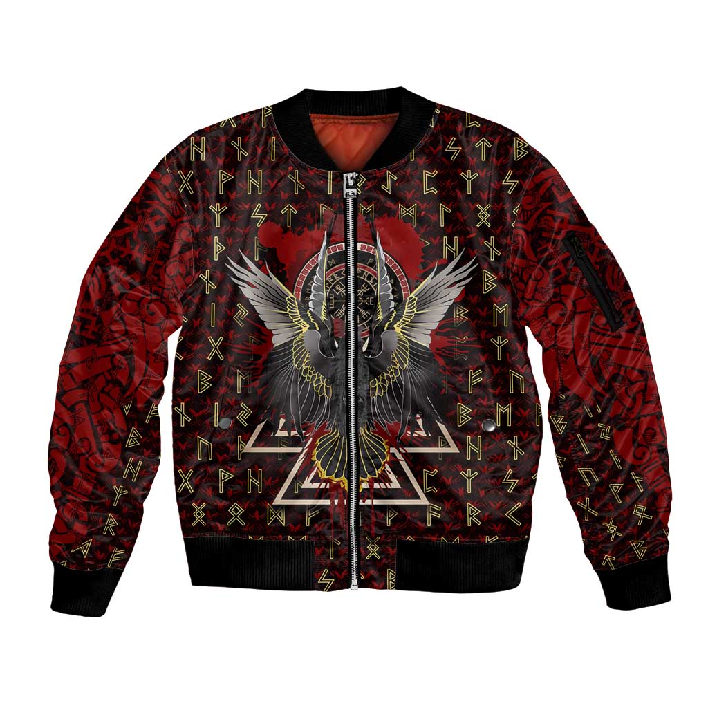 Raven and Bear Norse Symbolism Sleeve Zip Bomber Jacket Viking Blood Red Rune Art Style