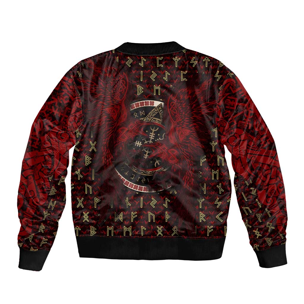 Raven and Bear Norse Symbolism Sleeve Zip Bomber Jacket Viking Blood Red Rune Art Style