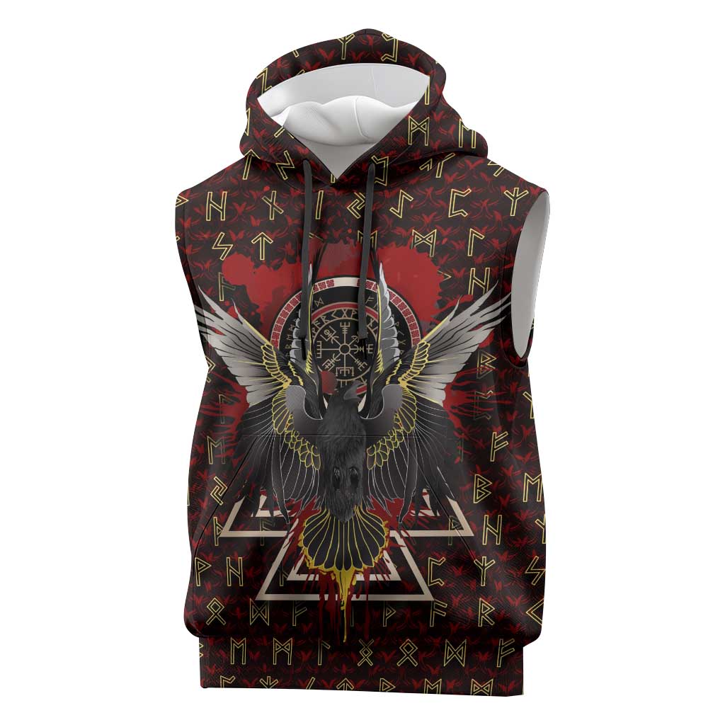Raven and Bear Norse Symbolism Sleeveless Hoodie Viking Blood Red Rune Art Style