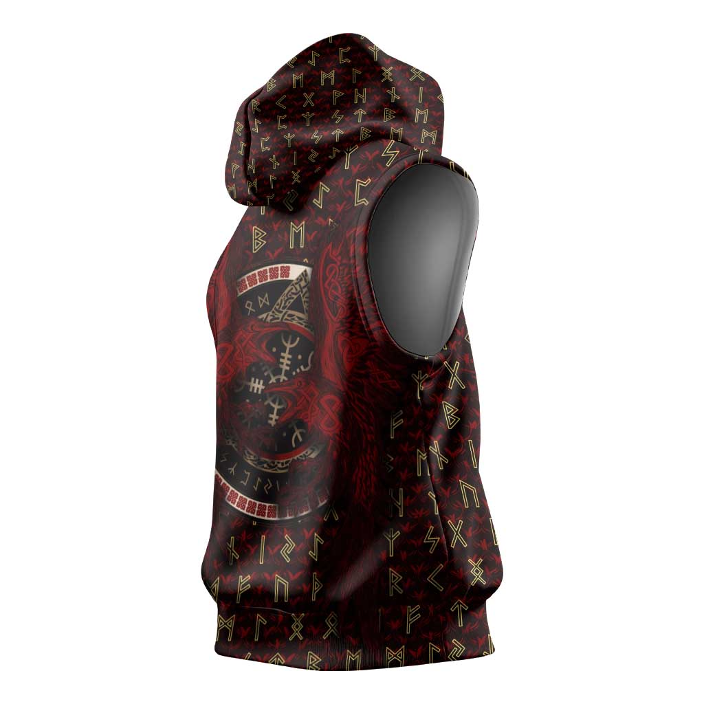 Raven and Bear Norse Symbolism Sleeveless Hoodie Viking Blood Red Rune Art Style