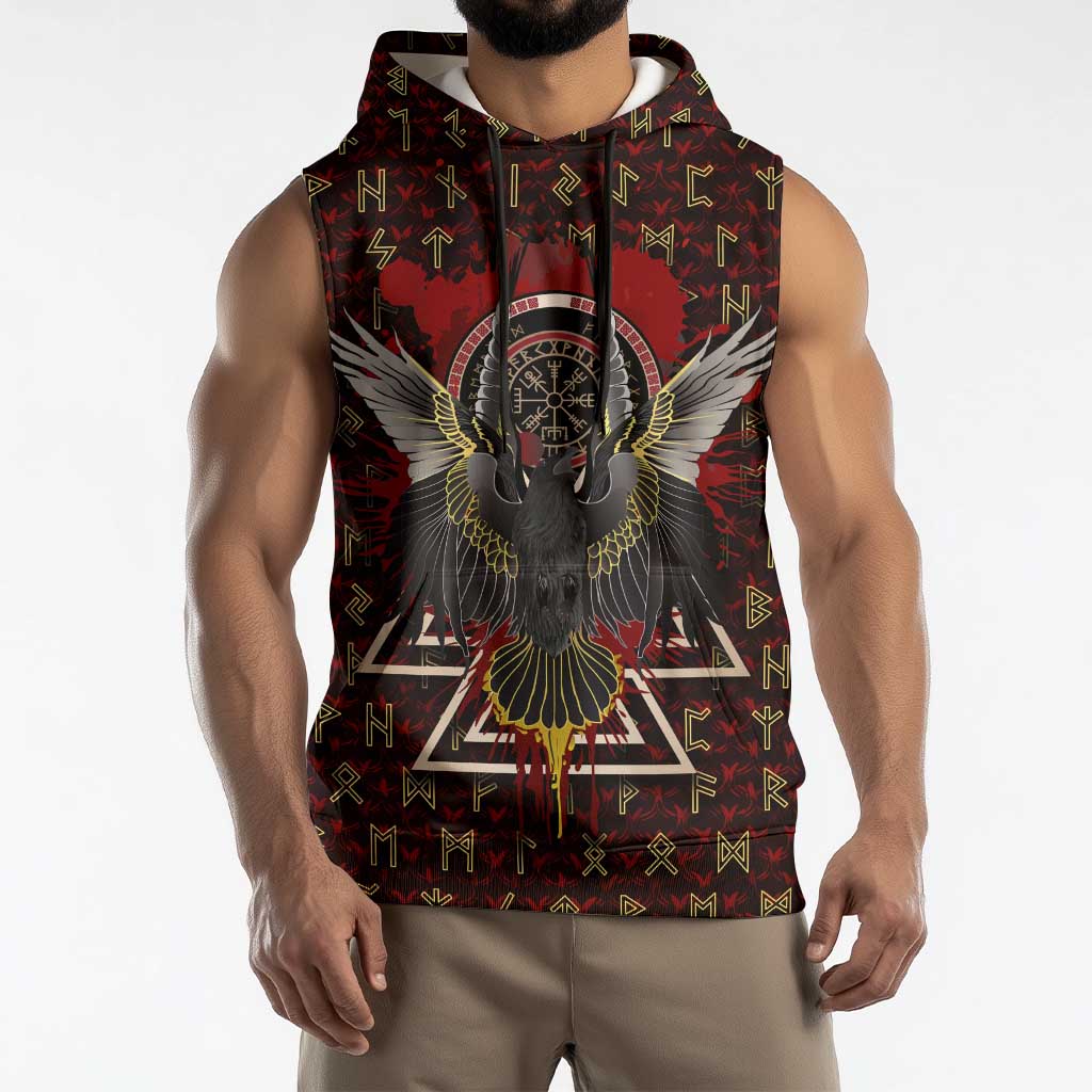 Raven and Bear Norse Symbolism Sleeveless Hoodie Viking Blood Red Rune Art Style