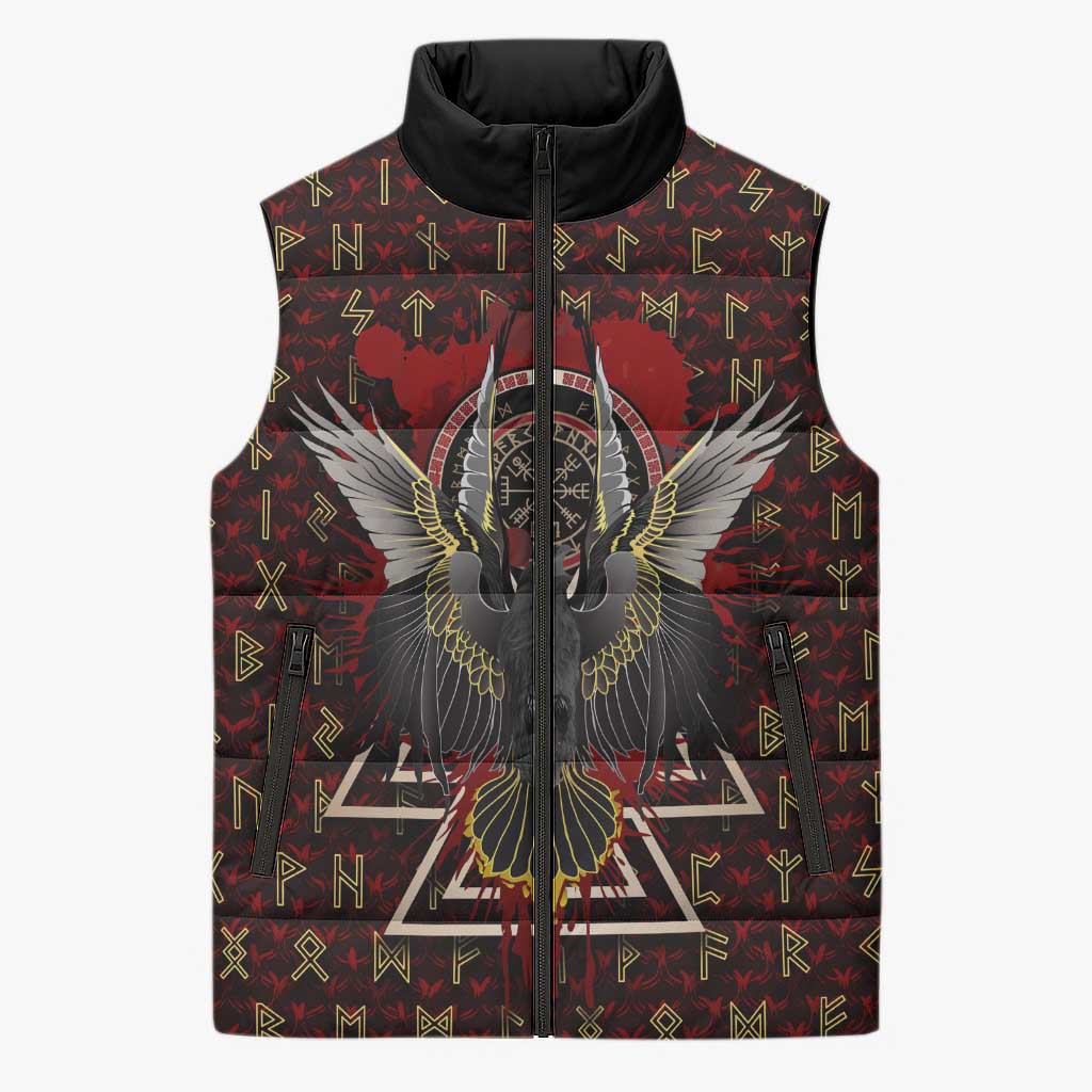 Raven and Bear Norse Symbolism Sleeveless Puffer Jacket Viking Blood Red Rune Art Style