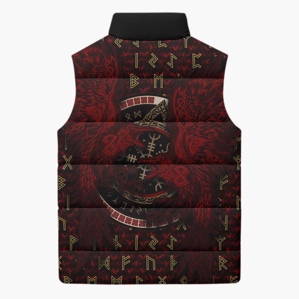 Raven and Bear Norse Symbolism Sleeveless Puffer Jacket Viking Blood Red Rune Art Style