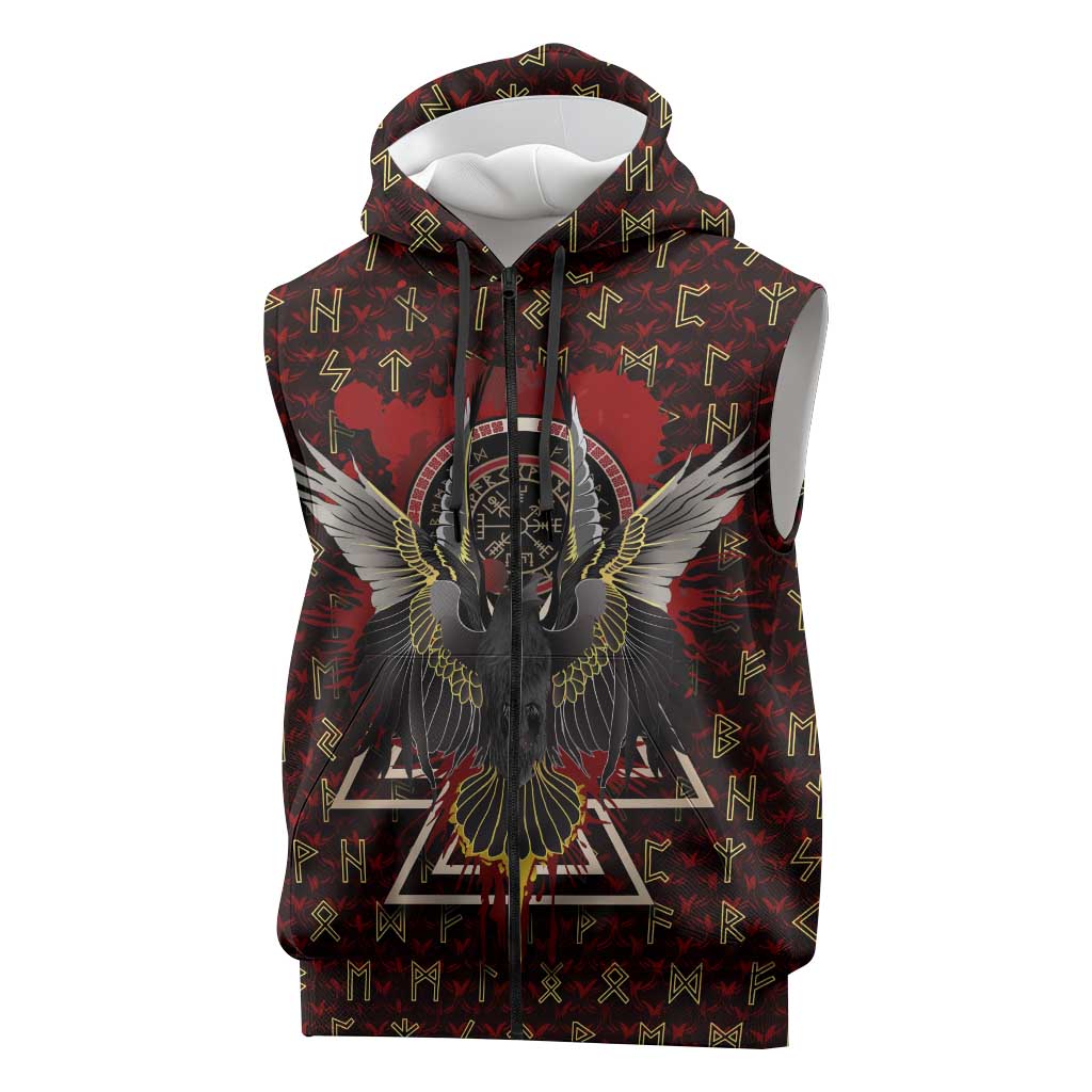 Raven and Bear Norse Symbolism Sleeveless Zip Hoodie Viking Blood Red Rune Art Style