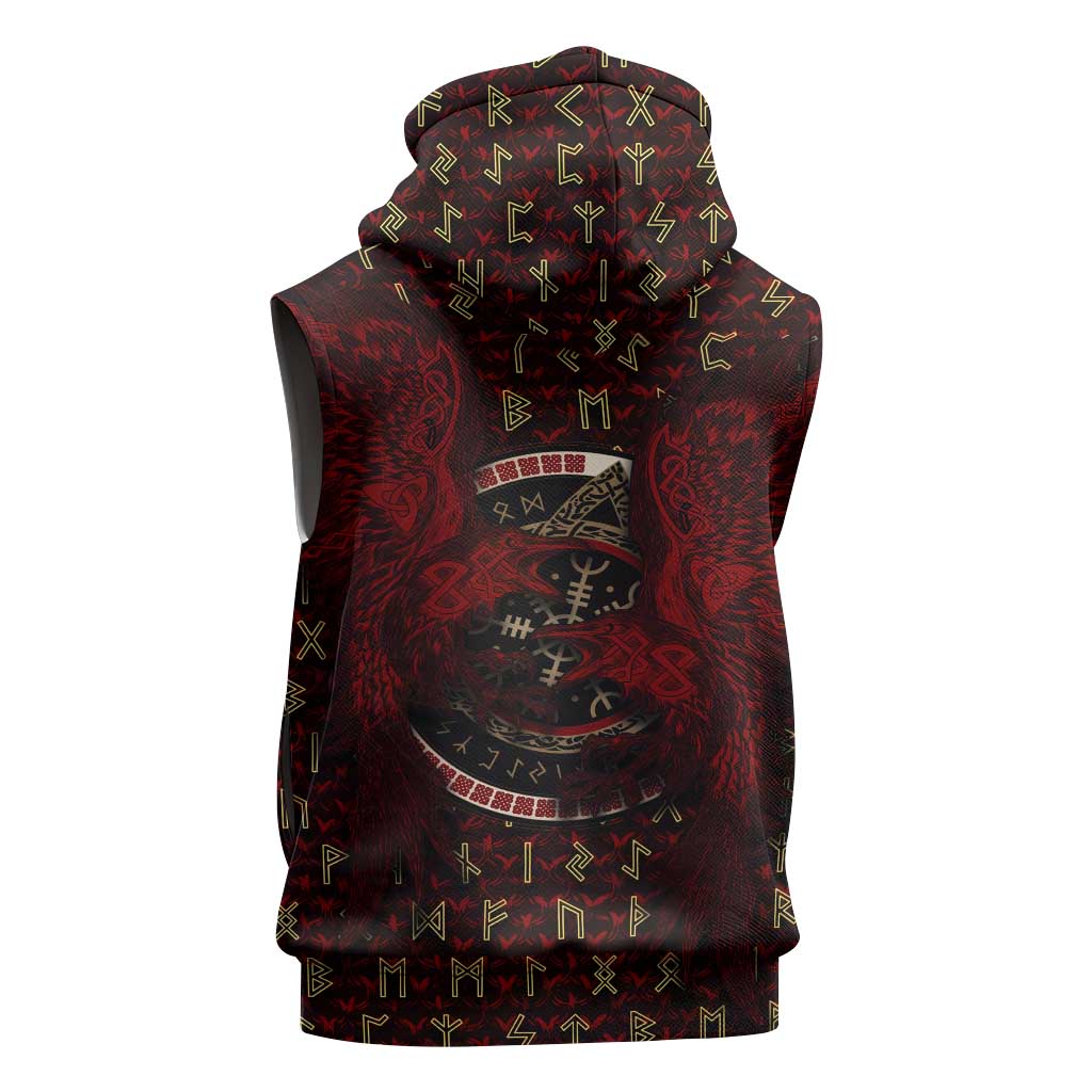 Raven and Bear Norse Symbolism Sleeveless Zip Hoodie Viking Blood Red Rune Art Style