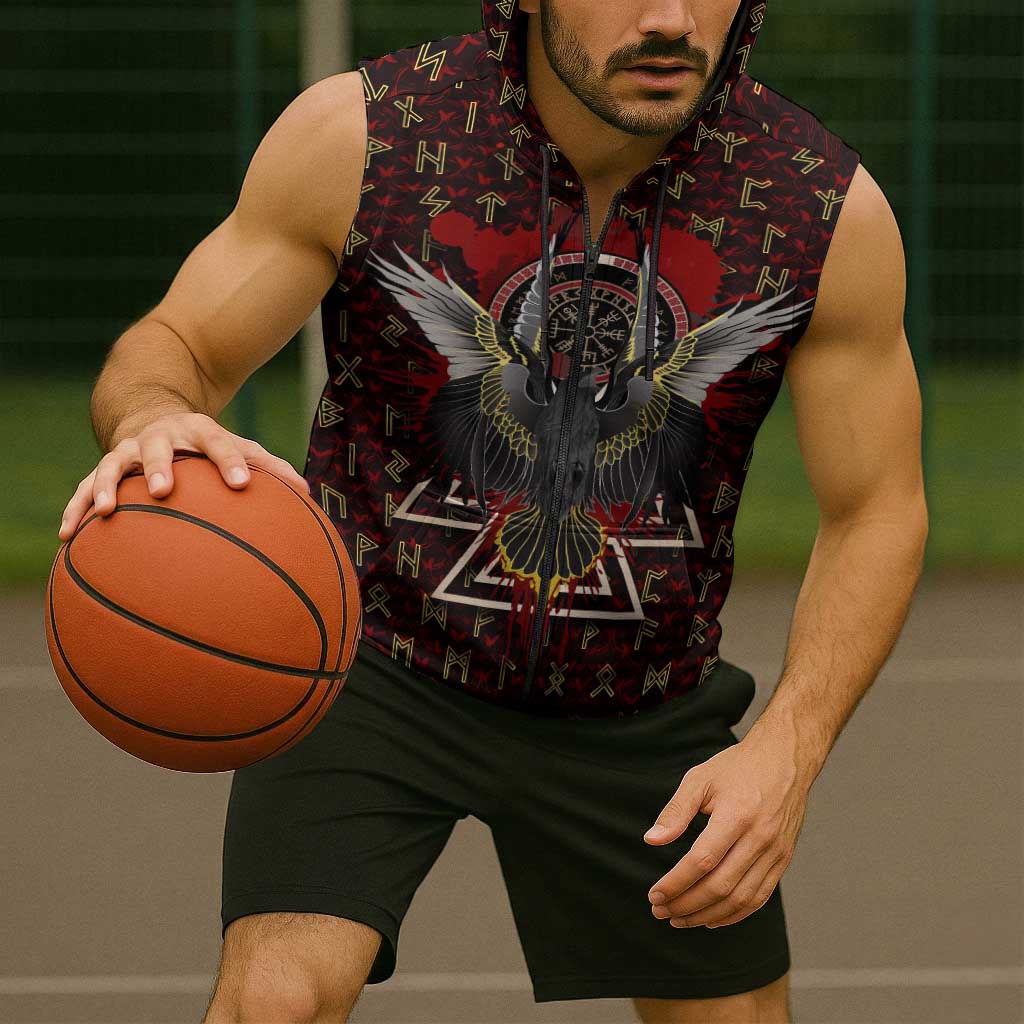 Raven and Bear Norse Symbolism Sleeveless Zip Hoodie Viking Blood Red Rune Art Style