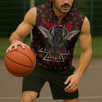 Raven and Bear Norse Symbolism Sleeveless Zip Hoodie Viking Blood Red Rune Art Style