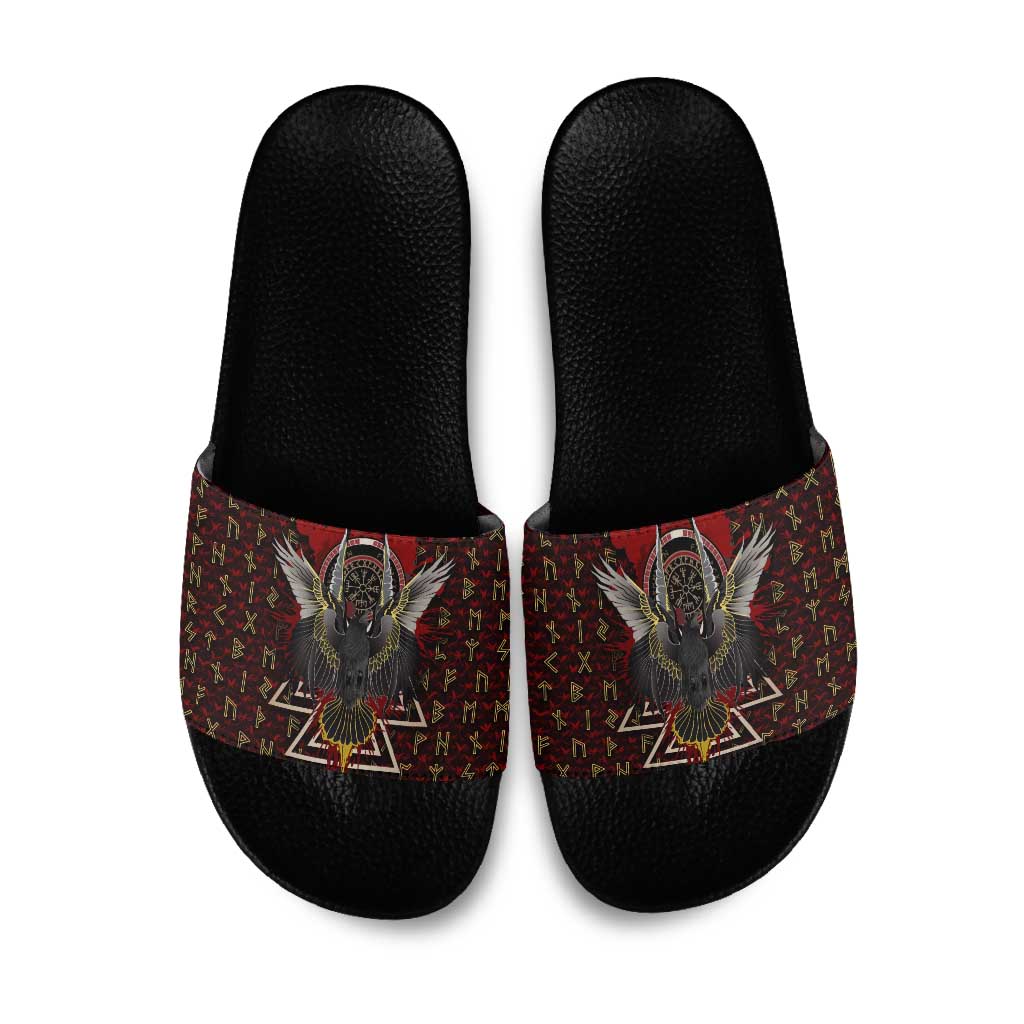 Raven and Bear Norse Symbolism Slide Sandals Viking Blood Red Rune Art Style