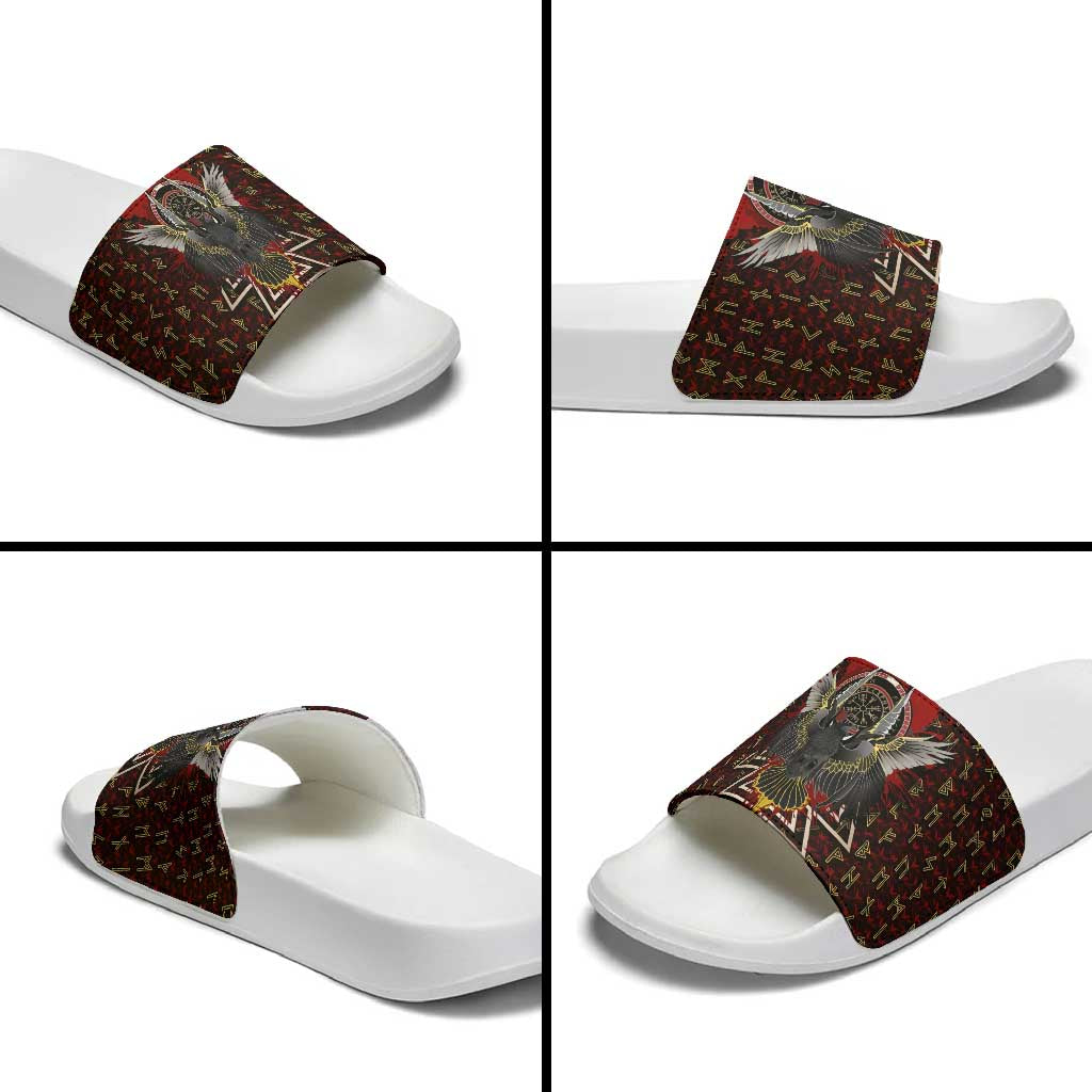 Raven and Bear Norse Symbolism Slide Sandals Viking Blood Red Rune Art Style