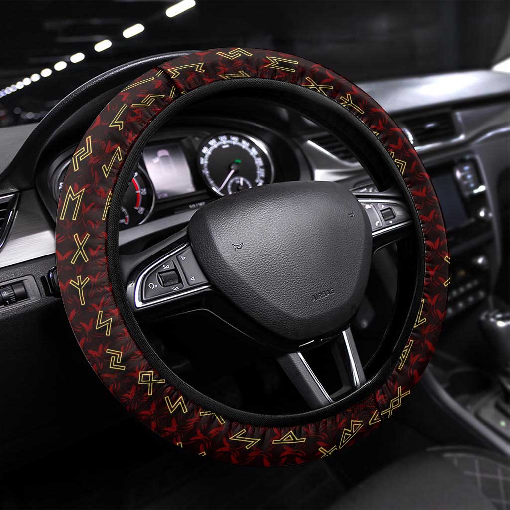 Raven and Bear Norse Symbolism Steering Wheel Cover Viking Blood Red Rune Art Style
