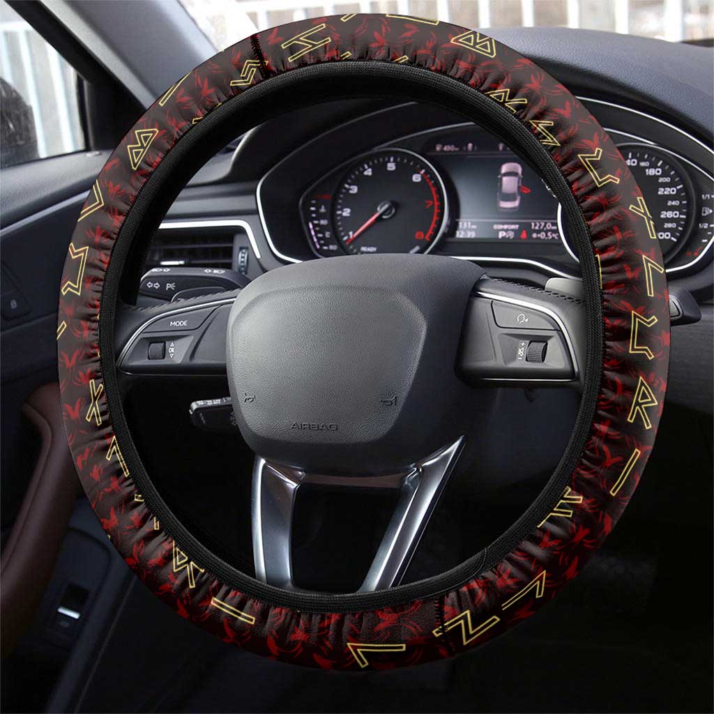 Raven and Bear Norse Symbolism Steering Wheel Cover Viking Blood Red Rune Art Style