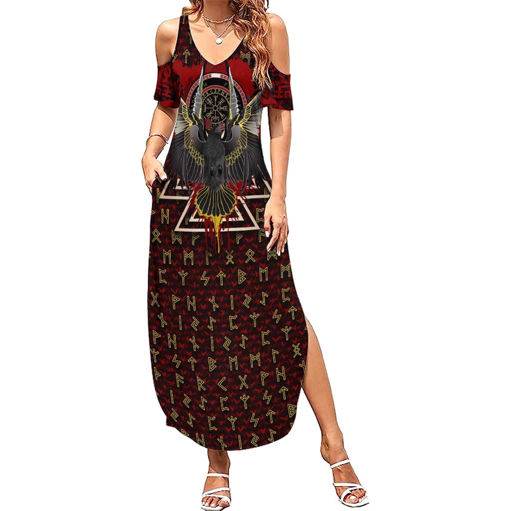 Raven and Bear Norse Symbolism Summer Maxi Dress Viking Blood Red Rune Art Style