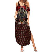 Raven and Bear Norse Symbolism Summer Maxi Dress Viking Blood Red Rune Art Style
