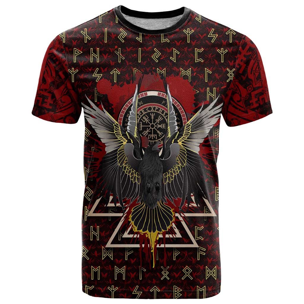 Raven and Bear Norse Symbolism T Shirt Viking Blood Red Rune Art Style