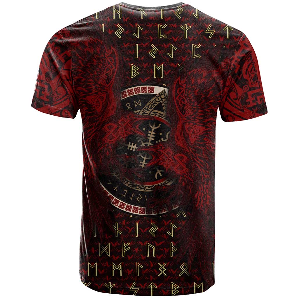 Raven and Bear Norse Symbolism T Shirt Viking Blood Red Rune Art Style