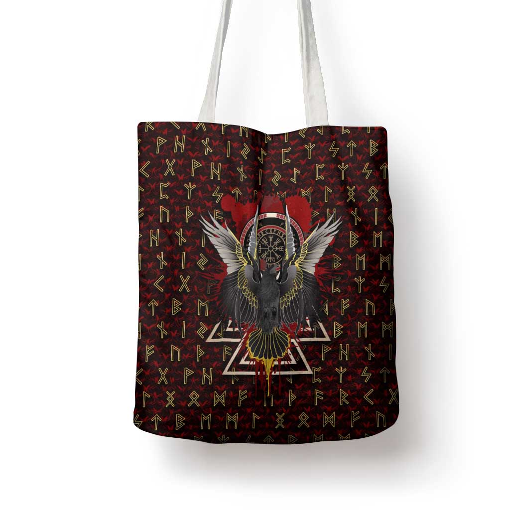 Raven and Bear Norse Symbolism Tote Bag Viking Blood Red Rune Art Style