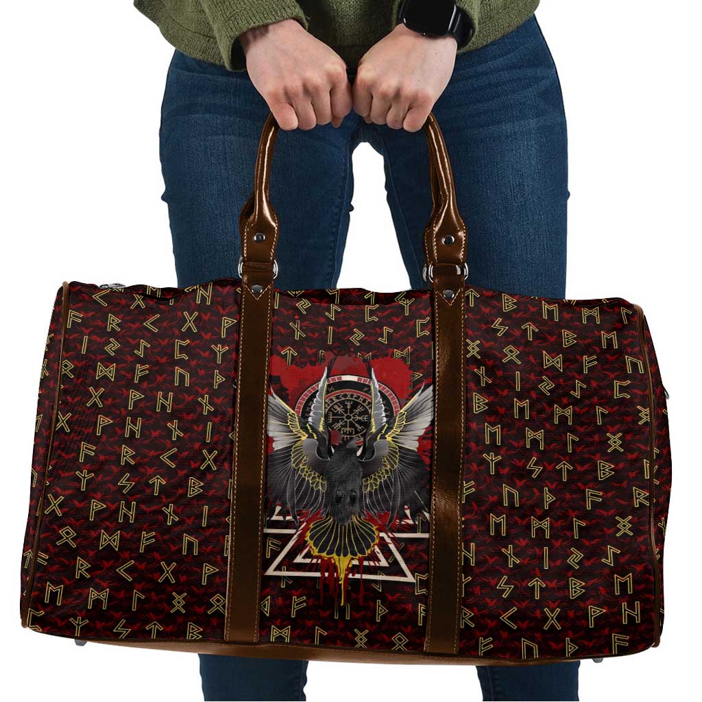 Raven and Bear Norse Symbolism Travel Bag Viking Blood Red Rune Art Style