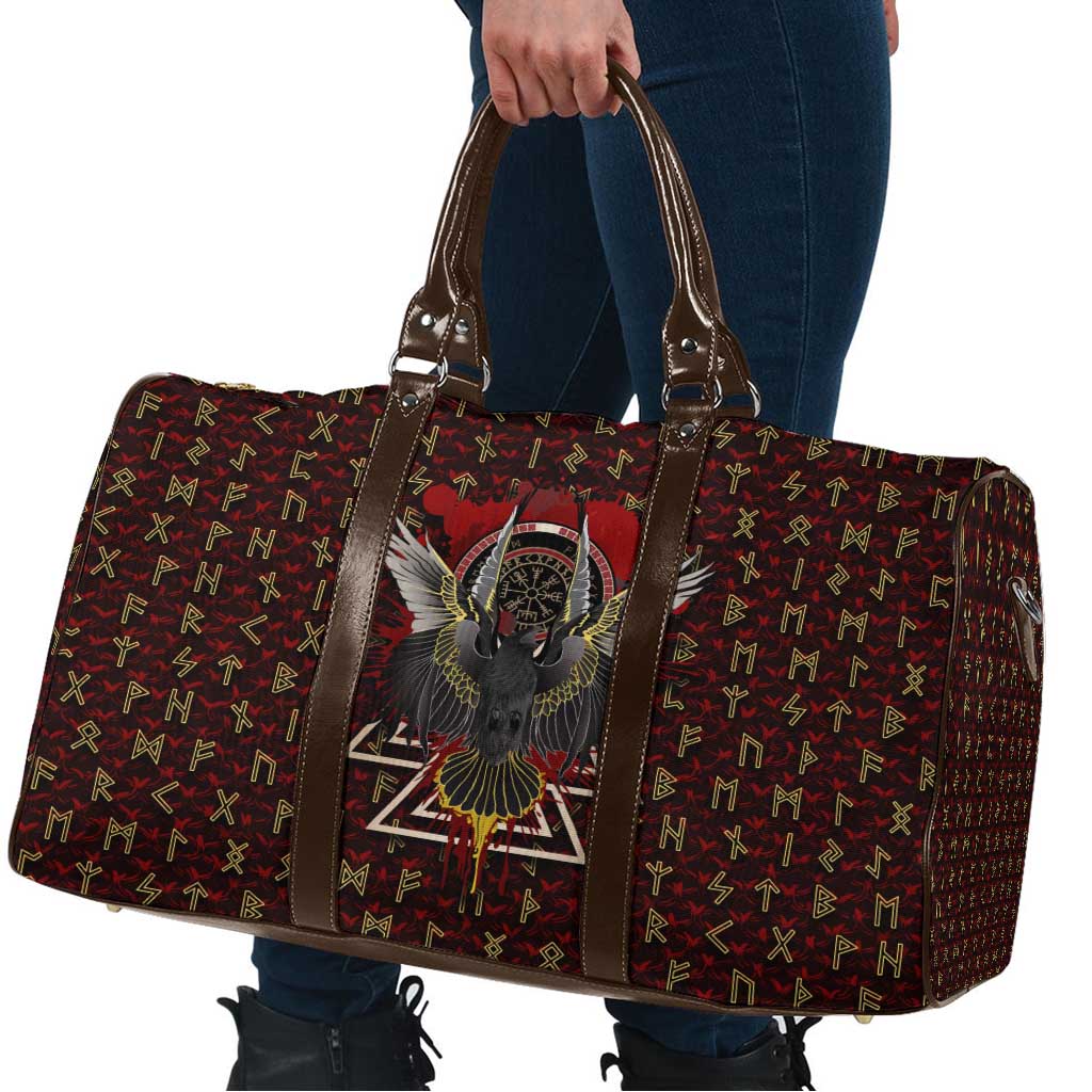 Raven and Bear Norse Symbolism Travel Bag Viking Blood Red Rune Art Style