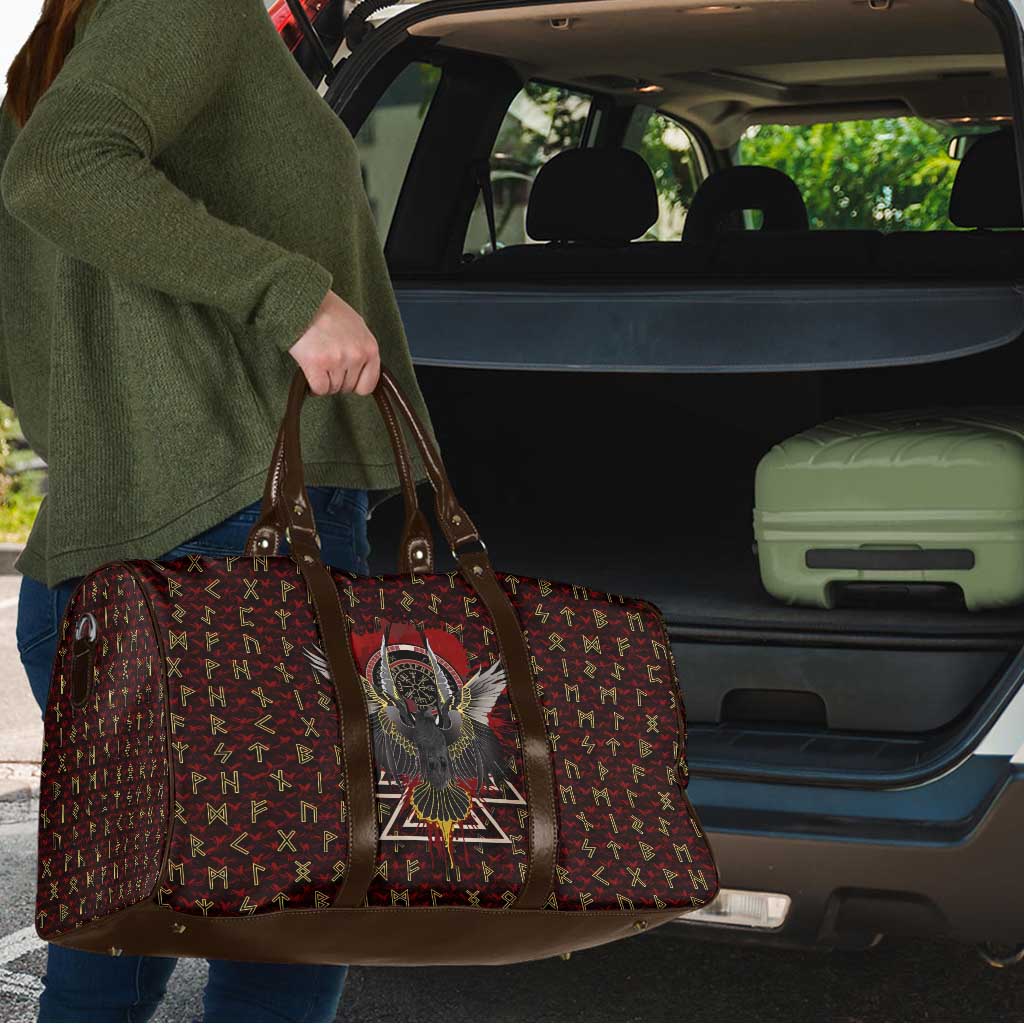 Raven and Bear Norse Symbolism Travel Bag Viking Blood Red Rune Art Style