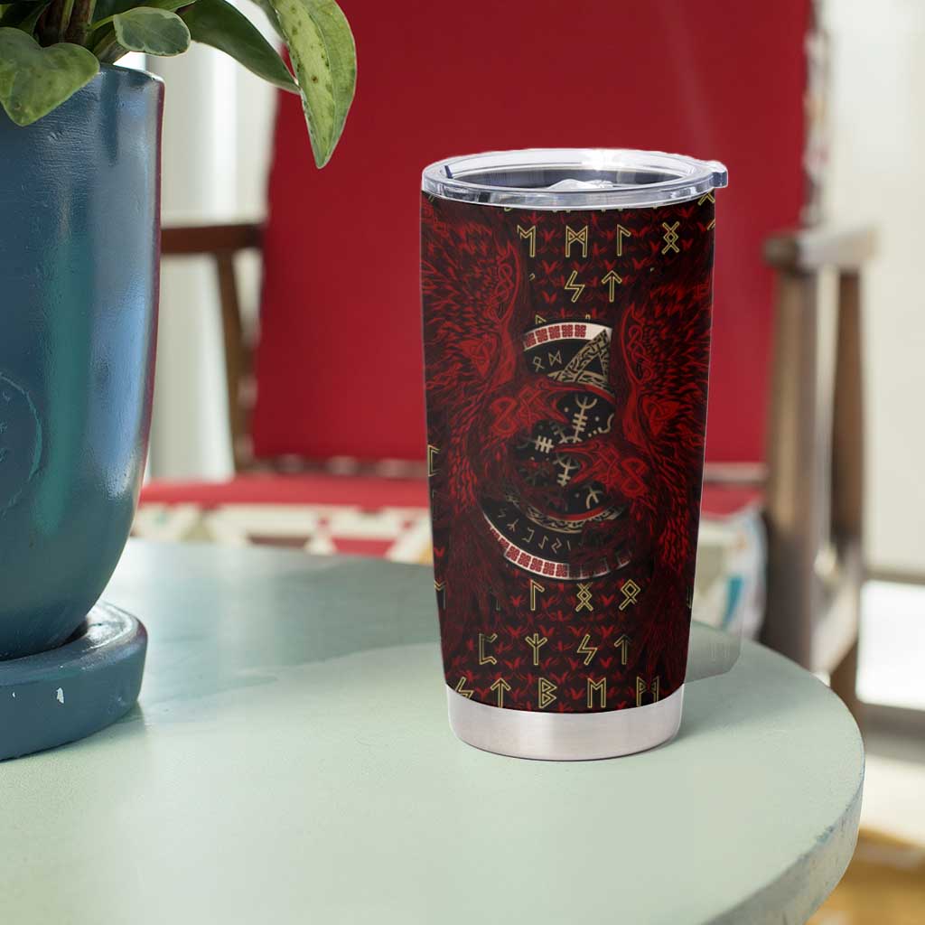 Raven and Bear Norse Symbolism Tumbler Cup Viking Blood Red Rune Art Style