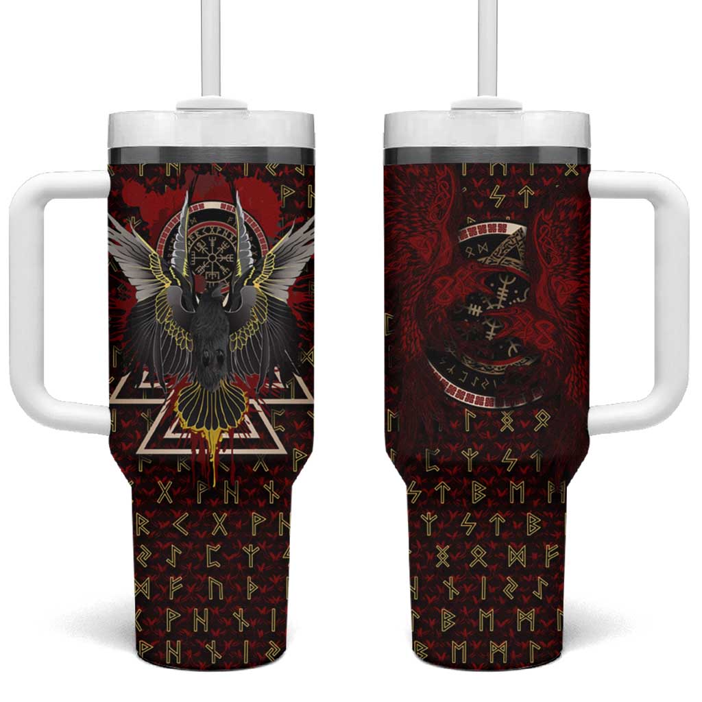 Raven and Bear Norse Symbolism Tumbler With Handle Viking Blood Red Rune Art Style
