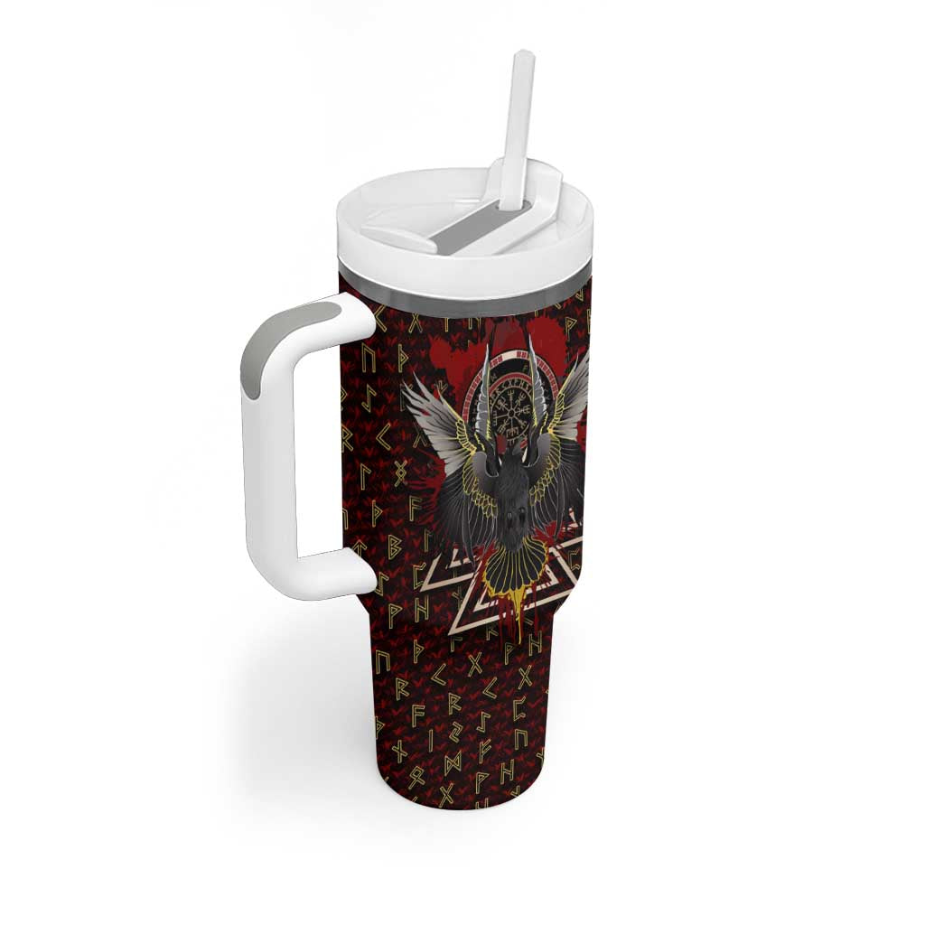 Raven and Bear Norse Symbolism Tumbler With Handle Viking Blood Red Rune Art Style
