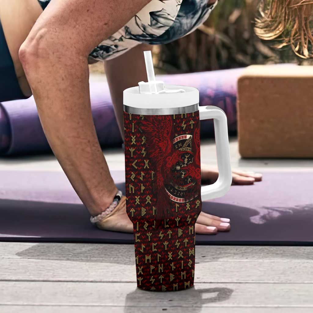 Raven and Bear Norse Symbolism Tumbler With Handle Viking Blood Red Rune Art Style